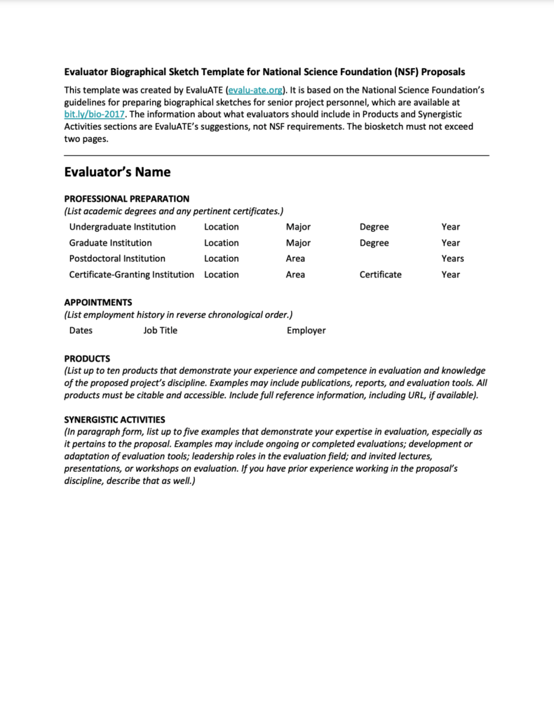 Evaluator Biographical Sketch Template for NSF Proposals EvaluATE