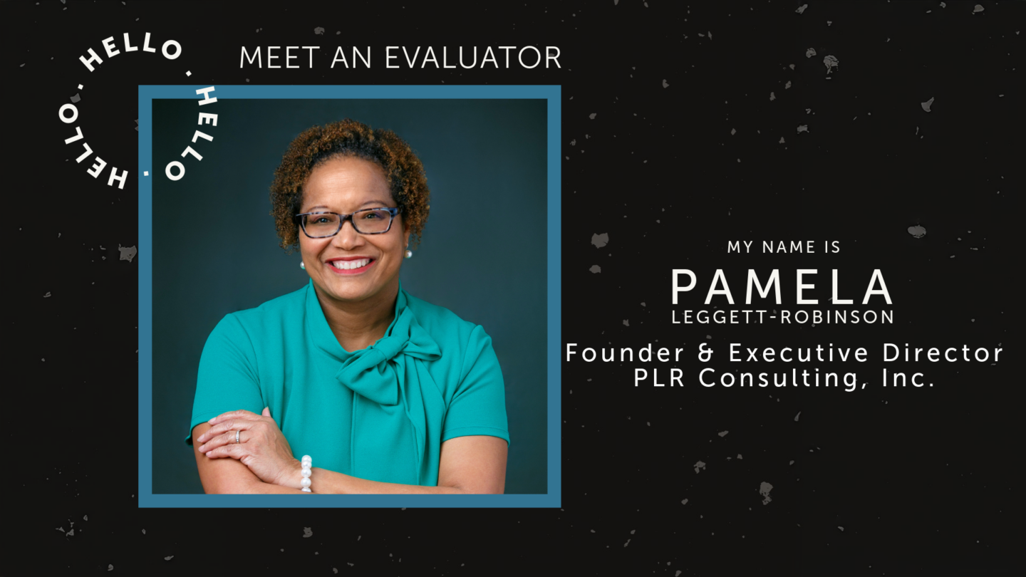 Photo of Pamela Leggett-Robinson with Meet an Evaluator logo