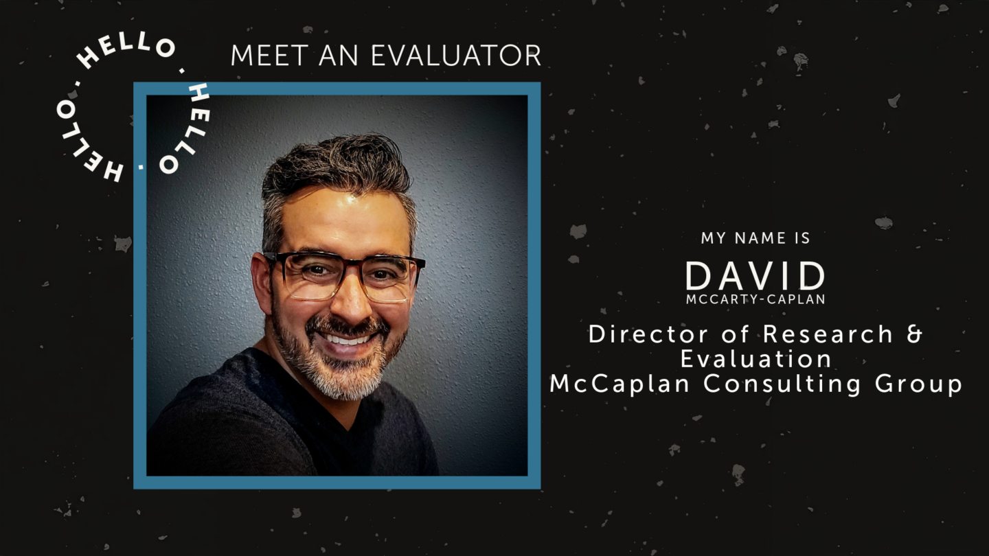 Photo of David McCarty Caplan and Meet an Evaluator logo