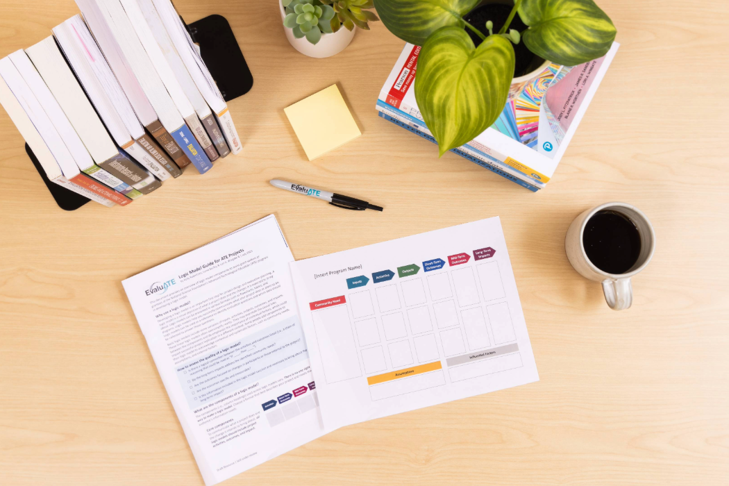Blank logic model template on a desk with a cup of coffee