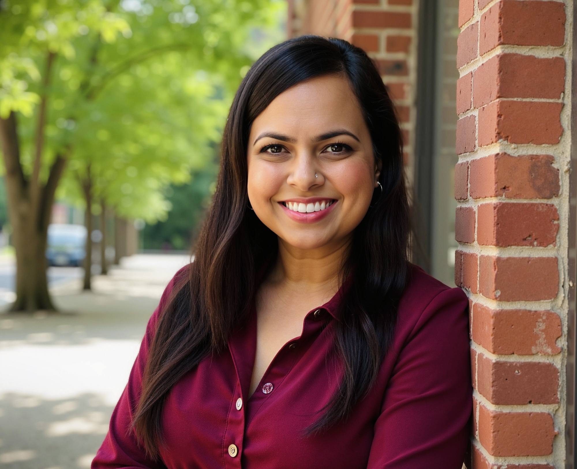 Close-up outdoor portrait of Namrata Patel with long dark hair, wearing a maroon button-up shirt, standing beside a red brick wall. A tree-lined sidewalk and greenery appear softly blurred in the background.
