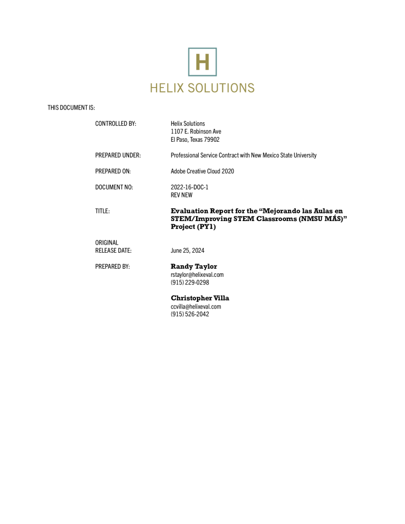Evaluation Report for the “Mejorando las Aulas en STEM/Improving STEM Classrooms (NMSU MÁS)” Project (PY1) preview